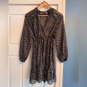 Zara Black Floral Babydoll Long Sleeve Dress